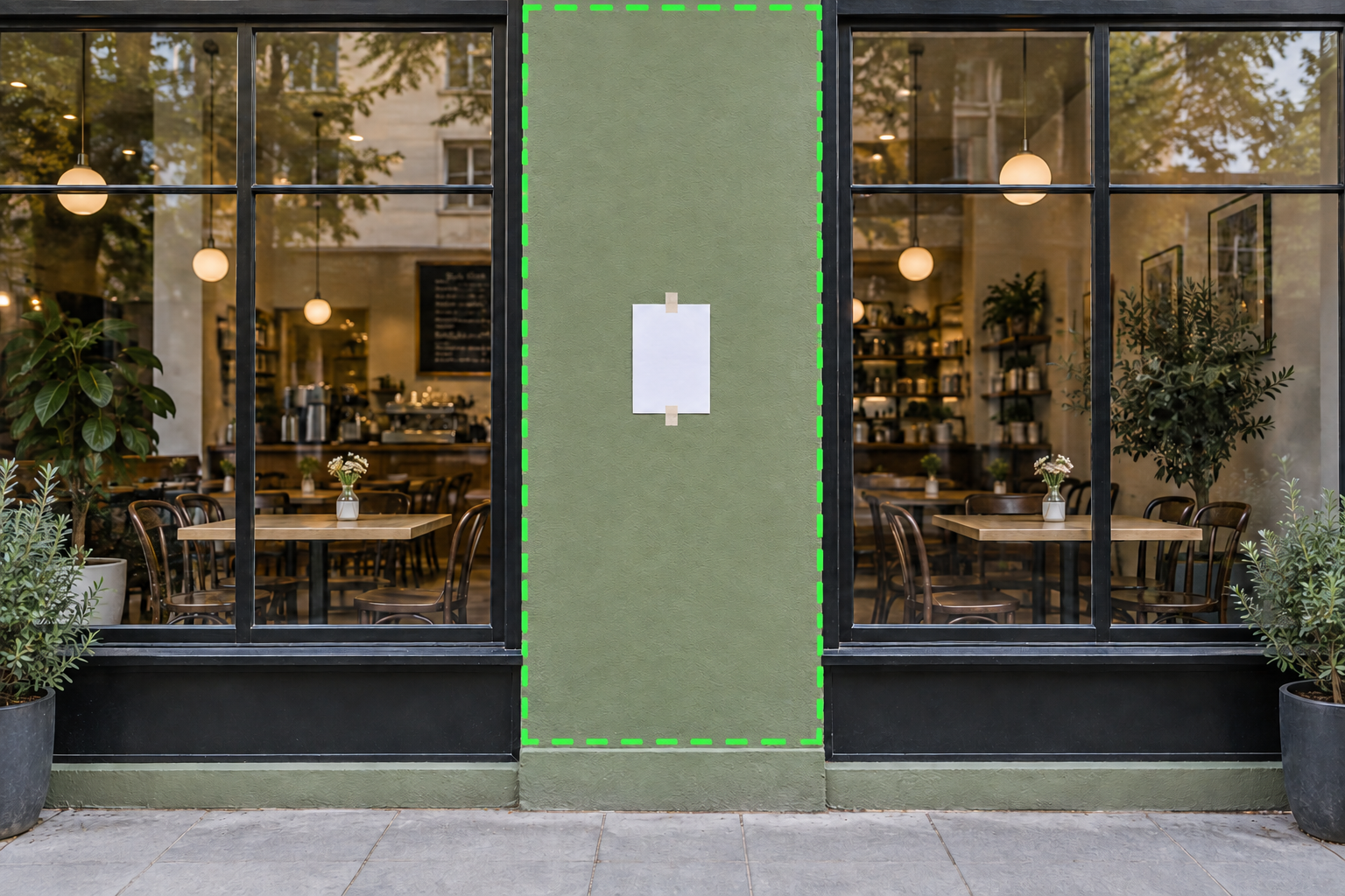Cafe between windows: centered white Letter, two middle tape strips, green measurement outline.