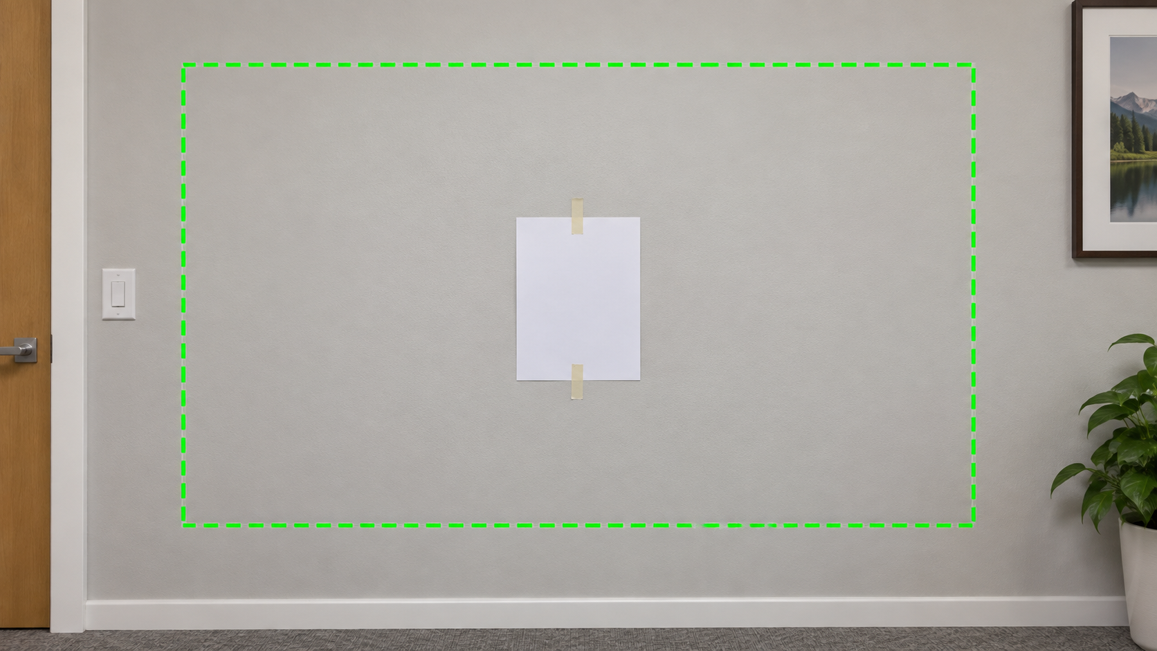 Indoor painted wall: centered white Letter, two middle tape strips, green measurement outline.